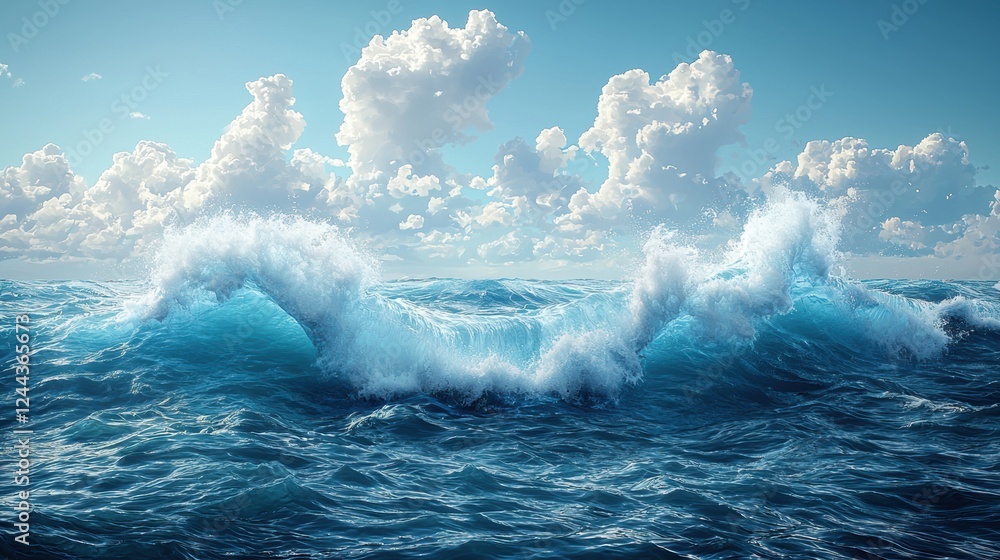 Obraz premium Vibrant ocean waves under a bright sky with fluffy clouds.