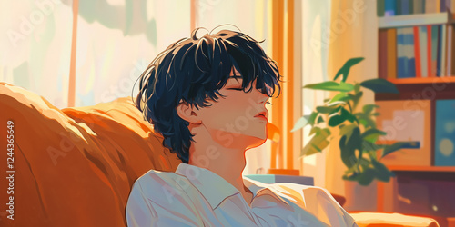Anime-style male in his twenties with short black hair resting on a sofa, eyes closed, sleeping.