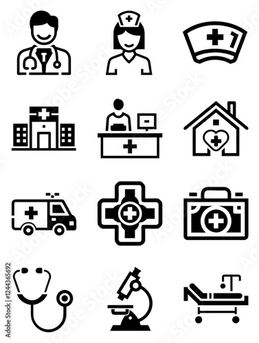 Medical icons representing healthcare professionals and facilities