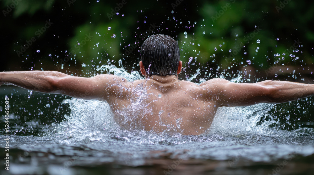 Fototapeta premium A man is swimming in a pool with his arms outstretched