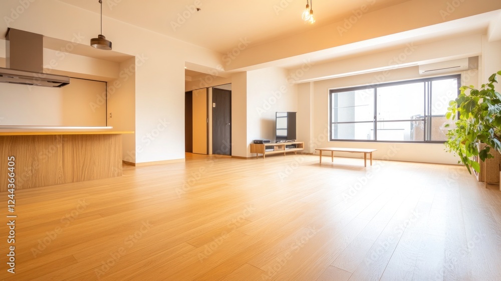Fototapeta premium Modern empty living room with open kitchen and wooden floor