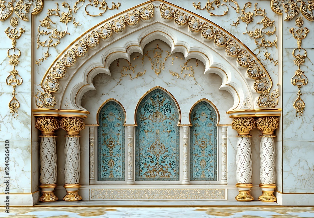 Obraz premium Ornate Archway with Three Intricately Designed Windows, Marble and Gold Accents on Light Blue Backdrop