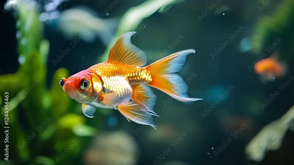 Scenes of goldfish swimming elegantly in aquascape, smooth repetitive motion for background video animation Scenes of goldfish swimming elegantly in aquascape, smooth repetitive motion for background video animation