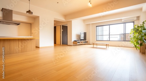 Modern empty living room with open kitchen and wooden floor