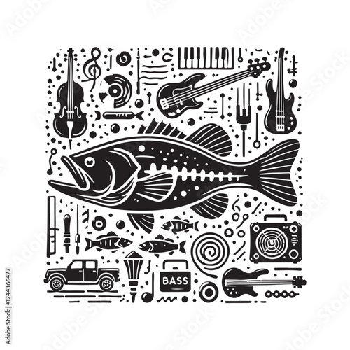 Black Color Bass silhouette design Vector Illustration, Solid White Background (12).eps