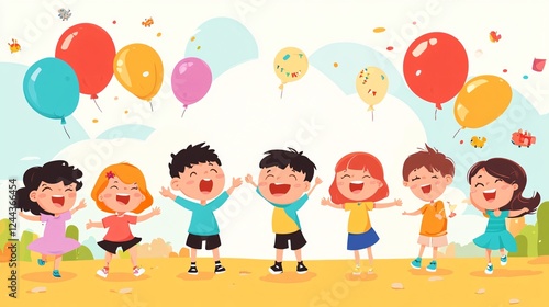 Cheerful Children's Day Celebration with Cartoon Boys and Girls Joyfully Rejoicing