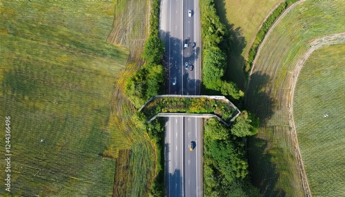 Panoramic Aerial View of Wildlife Crossing Ecoduct over Motorway Verdant Bridge Amidst Autumnal Hues and Flora, Offering Unique Perspective on Harmonious Coexistence photo