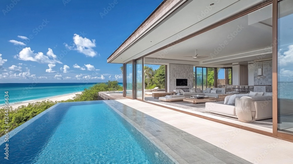 Fototapeta premium Modern luxury beachfront villa with infinity pool overlooking tropical ocean