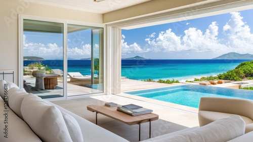 Fototapeta Naklejka Na Ścianę i Meble -  Luxurious villa living room opening onto infinity pool and turquoise ocean