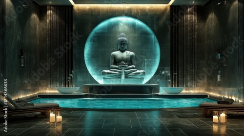 Calming spa retreat with buddha statue luxurious wellness center serene ambiance photo