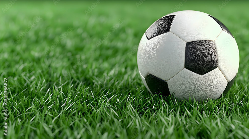 Fototapeta premium Soccer ball on green grass field, ready for game. Sports background image