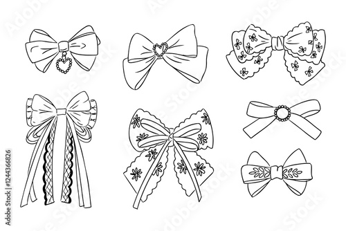 Set of hand drawn doodle bows in black and white, with decorative designs with lace, pearls, and floral patterns, perfect for coloring or creative projects. Vector line art illustration