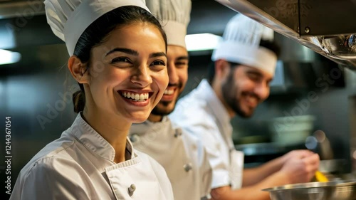 Joyful chefs collaborating in a bustling kitchen environment with smiles and energy