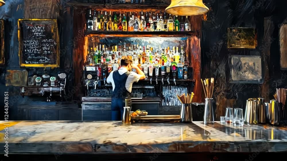 Bartender shaking cocktails in rustic bar with vibrant lighting Bartender shaking cocktails in rustic bar with vibrant lighting