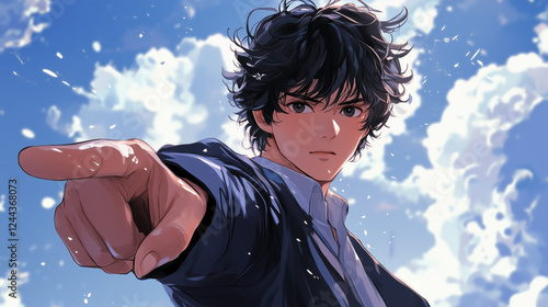 Male anime character pointing at something.