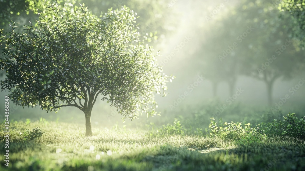 Obraz premium Serene Sunrise in a Misty Forest: A Single Tree Bathed in Golden Light