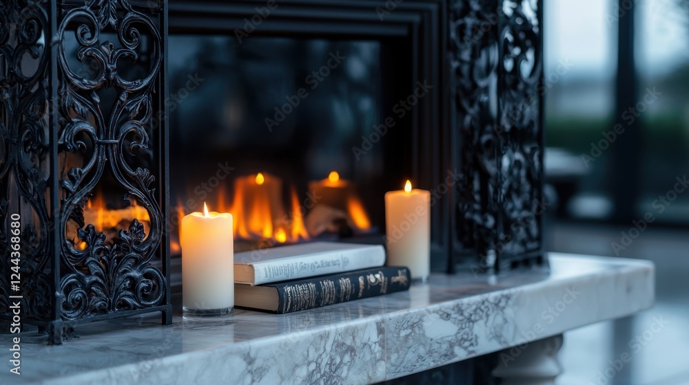 A fireplace with two candles and two books on it A fireplace with two candles and two books on it
