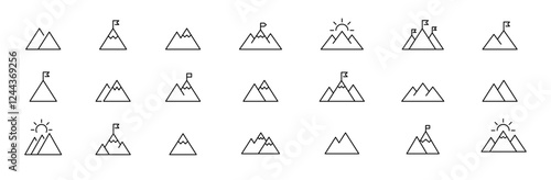 Mountain, hills icons set. Mountain peak symbol collection. Rocks, hiking icon set. Vector icons