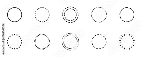 Circle dashed shape collection. Round border geometric stroke. Dotted frame set. Vector circle set