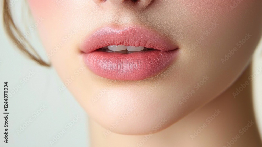 Obraz premium Close-up of a Woman's Lips with Soft Pink Makeup
