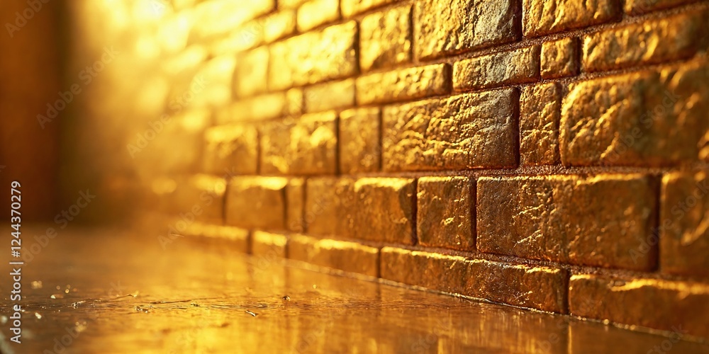 Obraz premium The wall, lined with golden bricks, shines with the luster of precious metal. The smooth surface reflects the light, creating a sense of wealth, elegance and refined style
