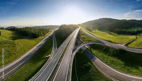 Stunning Aerial Wildlife Crossing An Ecoduct in Action at Dusk, Showcasing Vibrant Forests and Modern Infrastructure Converging Amidst Natures Majesty photo