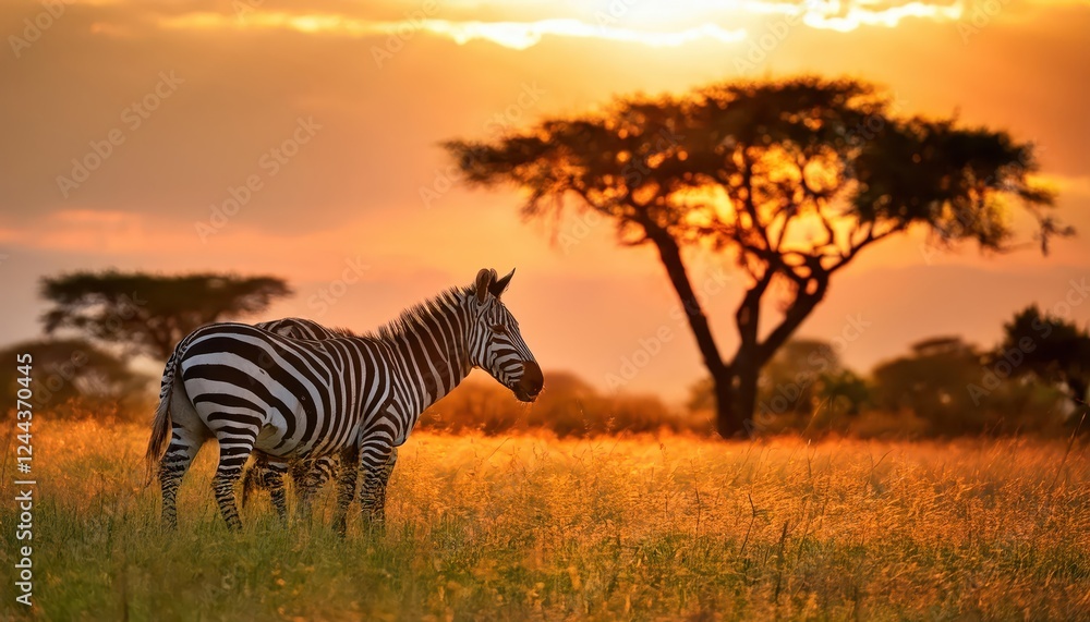Naklejka premium Vivid African Sunset on the Savannah Majestic Rays of Light Pierce the Sky Above the Grassy Plains, Illuminating a Stunning Palette of Reds, Oranges and Yellows, Marking the End of Another Day