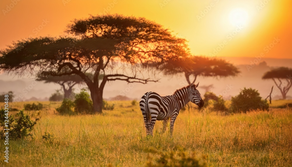 Naklejka premium Vibrant African Savannah Sunset A Majestic Blend of Red and Gold Horizon over the Wild African Plains, Grazing Herds Silhouetted against the Backdrop of a Stunning Serengeti Sky.