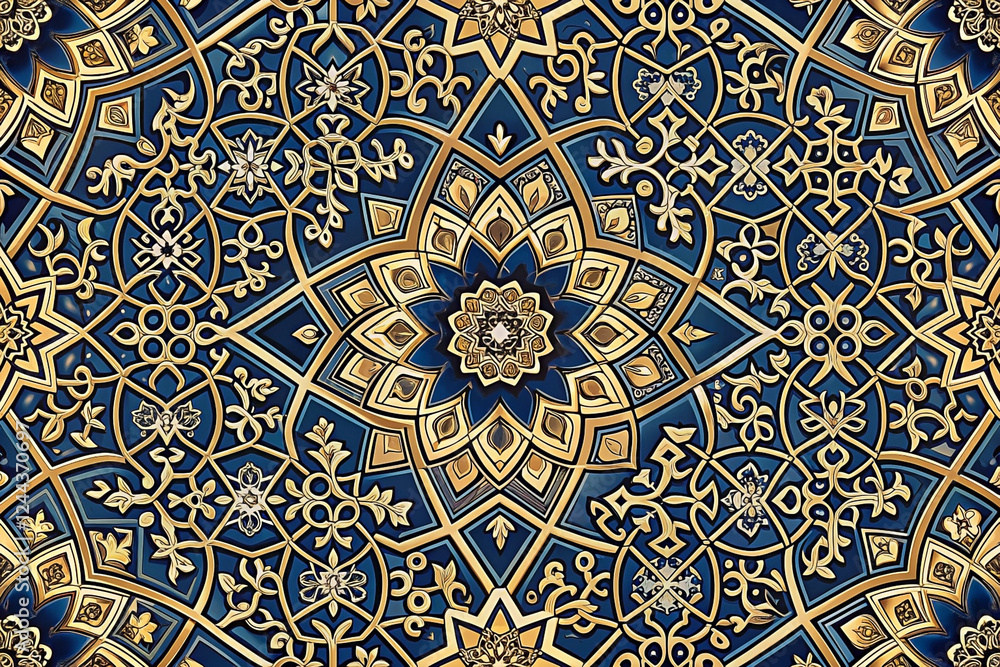 Ornate gold blue Islamic pattern design textile background Ornate gold blue Islamic pattern design textile background