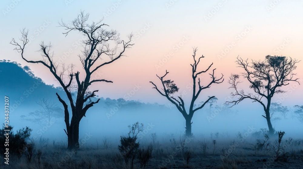 Misty Dawn: Silhouetted Trees in a Serene Landscape Misty Dawn: Silhouetted Trees in a Serene Landscape