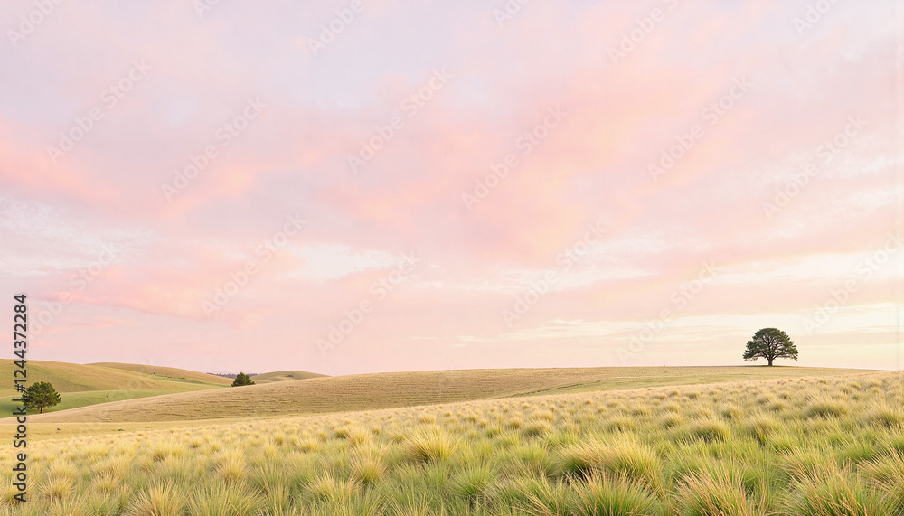 Serene rolling hills under pastel pink sky, nature's tranquility