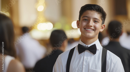 Teenager Usher Welcoming Visitors at Church Entrance