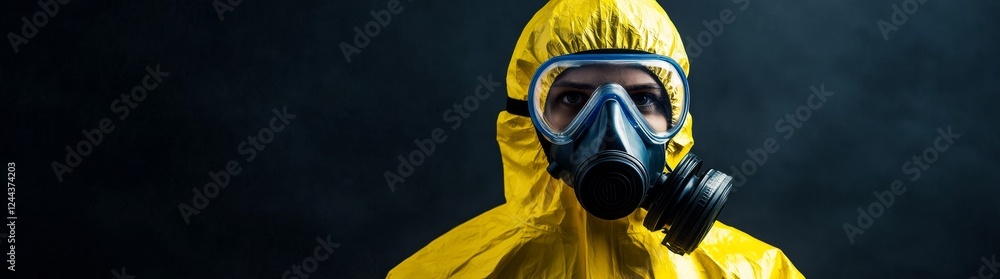 A man in a yellow jacket and gas mask, portrayed as a figure of industrial safety in a dystopian scenario or facing an environmental risk A man in a yellow jacket and gas mask, portrayed as a figure of industrial safety in a dystopian scenario or facing an environmental risk