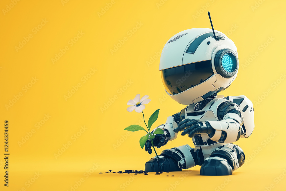 Robot gardener planting a flower isolated on a colorful background Robot gardener planting a flower isolated on a colorful background