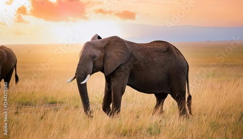 Majestic African Elephant, Loxodonta africana, in the Vast Savannah of Masai Mara Park at Kenyas Golden Hour