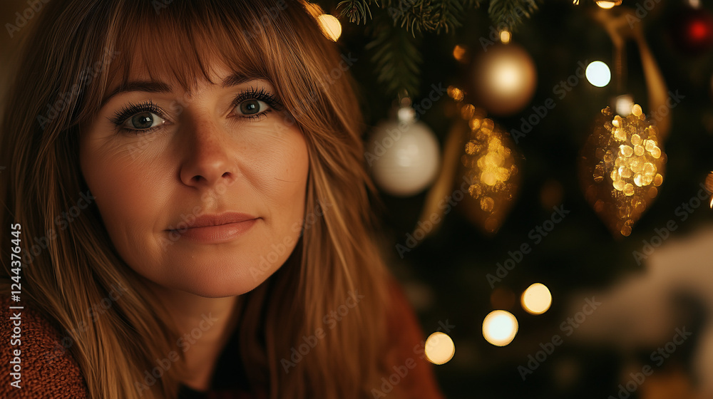 Elegant Woman with New Year Aesthetics by Christmas Tree Elegant Woman with New Year Aesthetics by Christmas Tree