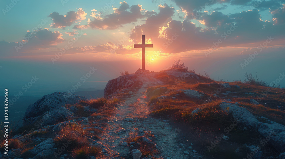 Fototapeta premium Wooden cross silhouette on rocky mountain top or peak, sunrise on the sky. Christian faith or religion.