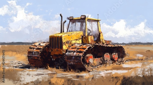 A tracked vehicle, now covered in mud, stands in a post-apocalyptic landscape of tall grass photo