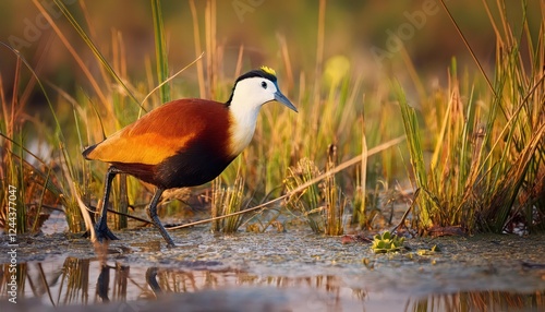 Striking African Jacana Actophilornis africanus at Zimanga Game Reserve in South Africa, Amidst Sunlit Savannah and Flowing River at PM on January, photo