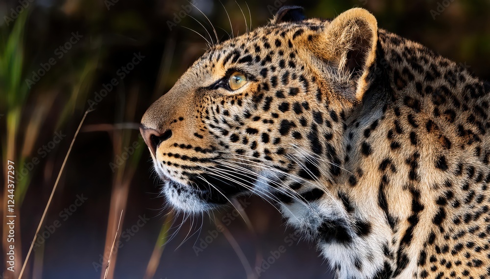Naklejka premium Striking Detail of an African Leopard in Moremi Game Reserve, Okavango Delta, Showcasing Majestic Regality and Vibrant Coat Patterns at Sunset