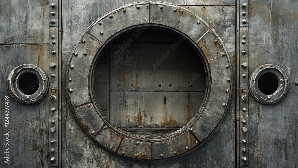 Grungy metal door with circular opening and rivets. Grungy metal door with circular opening and rivets.