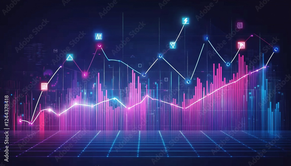 Futuristic Data Visualization With Financial Charts Glowing on Dark Background. Vector Illustration. Futuristic Data Visualization With Financial Charts Glowing on Dark Background. Vector Illustration.