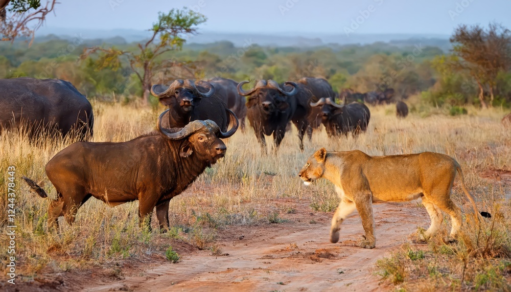 African Standoff African Lions Panthera leo Engaging a Herd of Cape Buffalo Syncerus caffe in Dramatic Savannah Landscape, Showcasing the Majesty and Power of Africas Wildlife African Standoff African Lions Panthera leo Engaging a Herd of Cape Buffalo Syncerus caffe in Dramatic Savannah Landscape, Showcasing the Majesty and Power of Africas Wildlife