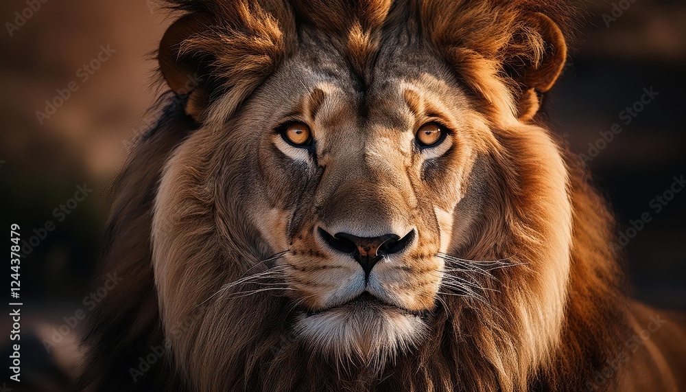 Majestic African Lion Basking Under the Golden Savannah Sunset, Stripes Radiating Power and Regality Majestic African Lion Basking Under the Golden Savannah Sunset, Stripes Radiating Power and Regality