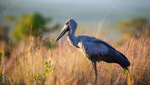 Stunning African Openbill Anastomus lamelligerus in Zimanga Game Reserve, KwaZuluNatal, South Africa at Dusk Capturing the Majesty of the Savannah and its Inhabitants photo