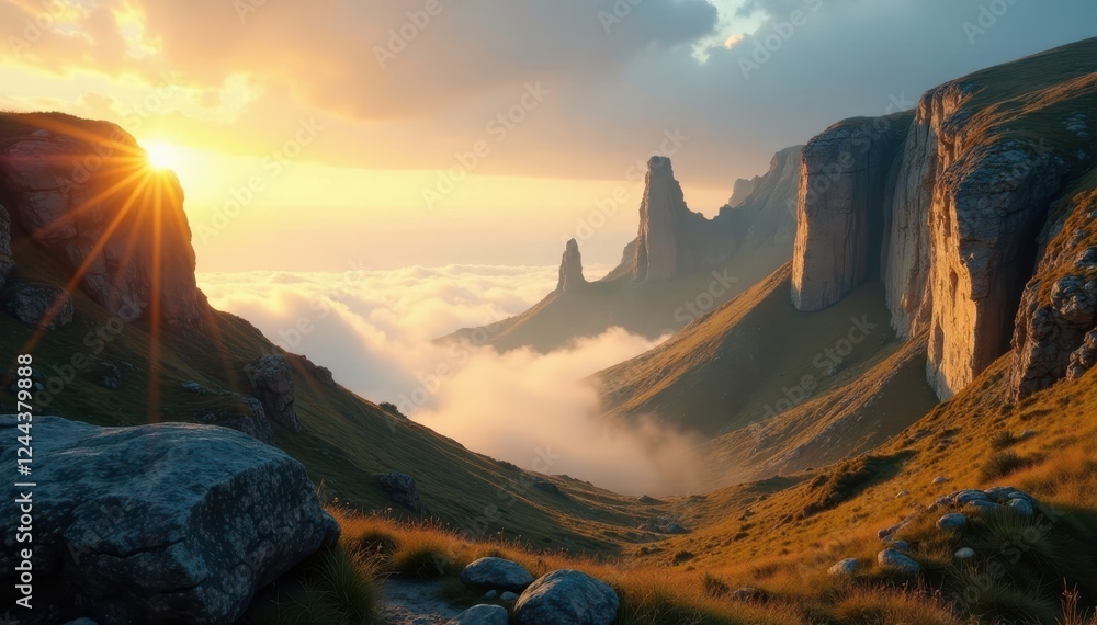 Obraz premium Golden light bathes sculpted rock formations, early morning mist hangs low , hills, ethereal