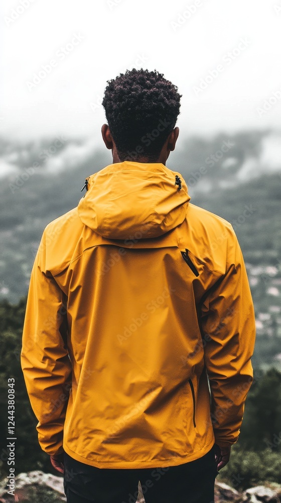 Fototapeta premium Man in Yellow Jacket Contemplating Misty Mountain View