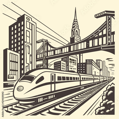 High-Speed Train Traveling Through City