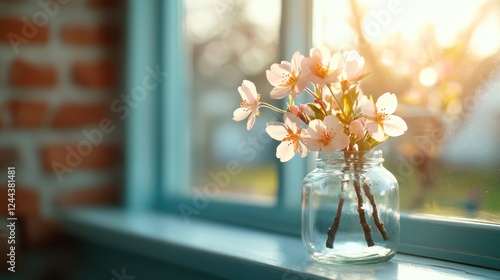 The charming arrangement of wildflowers in a jar set against a bright table radiates warmth and simplicity, invoking a sense of connection with nature and home comfort. photo