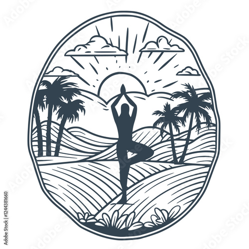 Monochromatic vector illustration featuring a woman practicing tree yoga pose in a serene tropical landscape at sunrise, surrounded by palm trees, hills, and ocean waves